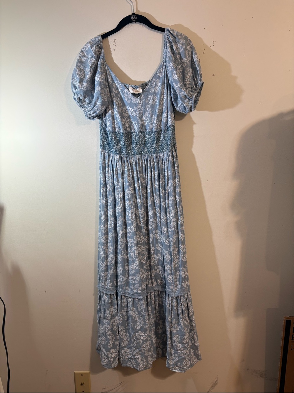 Bohme dress women’s small Smocked Waist Blue Floral Maxi length Puff Sleeves
